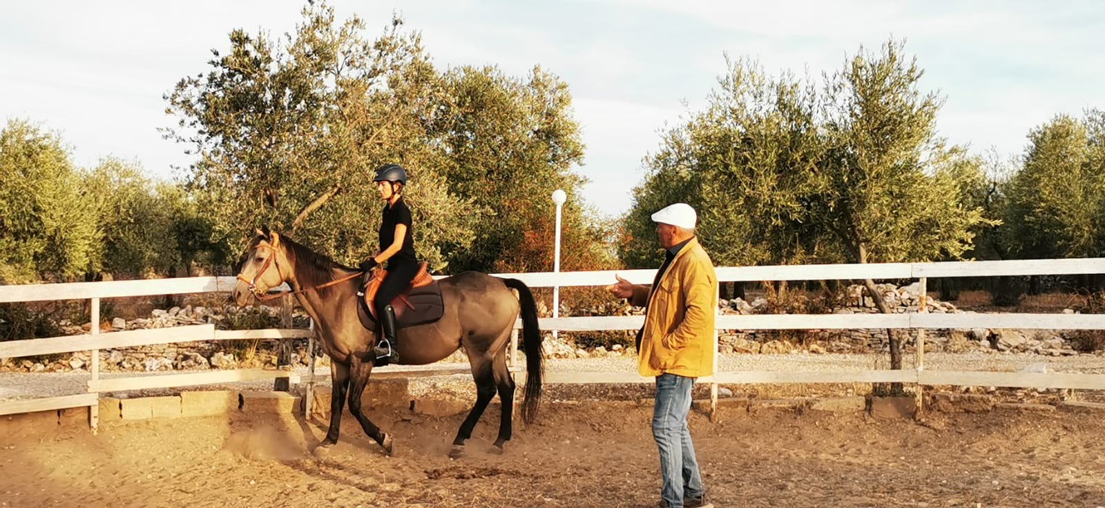 Lezione in campo: un'allieva in sella al trotto e l'istruttore che la segue tra gli ulivi